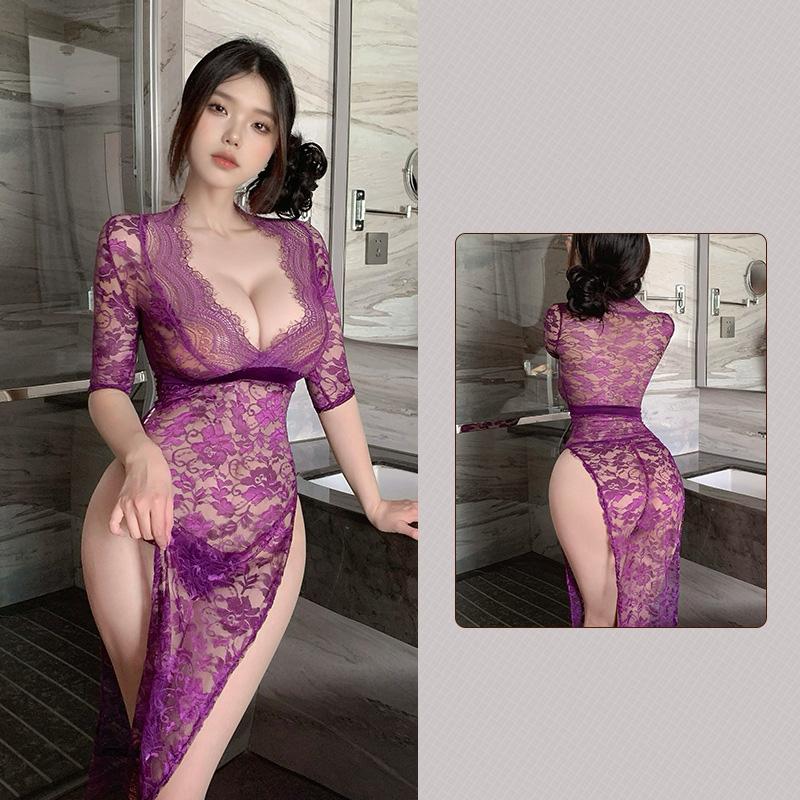 Sexy lingerie women's sexy lace seduction see through long skirt hot side slit slim fitting uniform pajamas sexy costumes woman