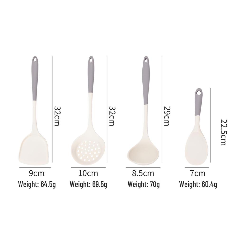 Gray & White Silicone Cooking Utensil Set: Spatula, Wok Spatula, Soup Ladle, Rice Spoon, Skimmer - Heat Resistant.