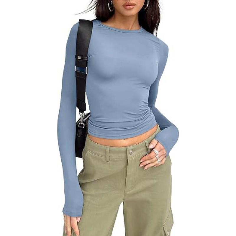 Womens Basic Long Sleeve Top Slim Fit Round Neck Milk Soft Tee Casual Everyday Wear