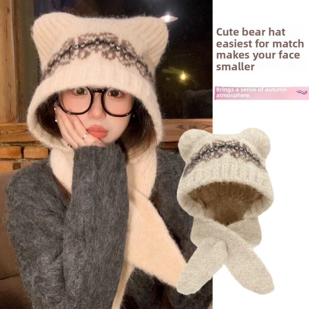 Cat Ear Warm Knitted Hat Pullover Style Windproof Balaclava Hat Thickened Ear Protection Women's Knitted Scarf Hat