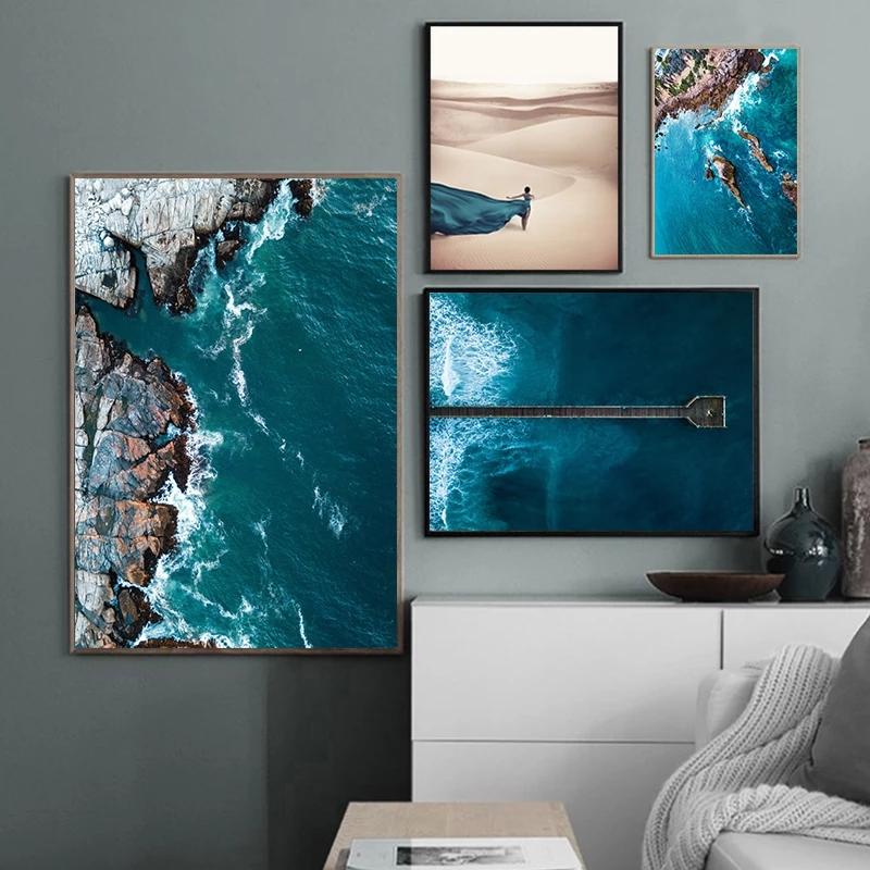 Coastline Blue Ocean Wall Poster Print Sea Reef Nordic Canvas Painting Landscape Modern Home Picture Decoration Living Room Art