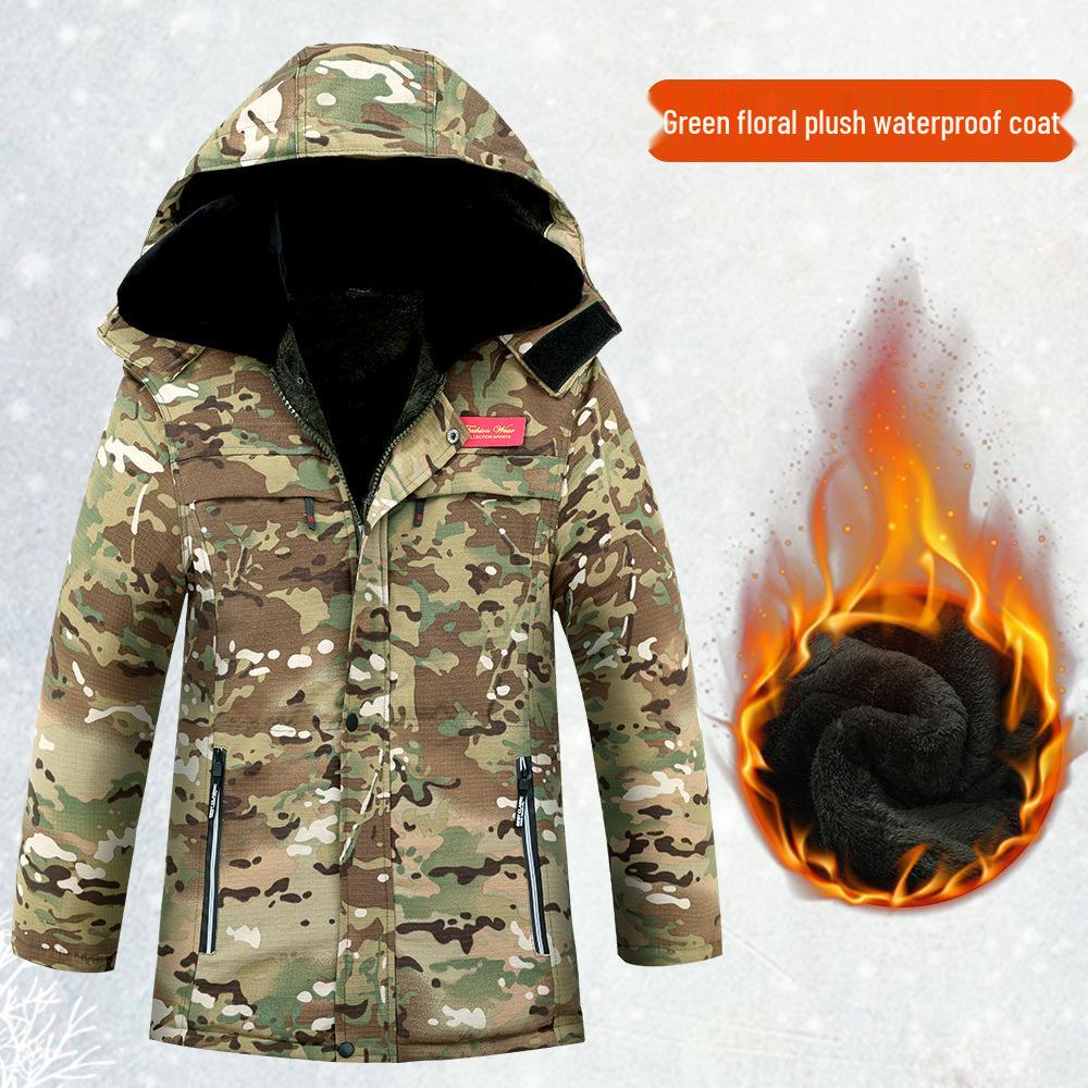 Kamuflážní bavlněná bunda střední délky, voděodolná, s květinovým vzorem, podšitá sametem - Odolná proti chladu a trvanlivá pro chladírny nebo stavbu.