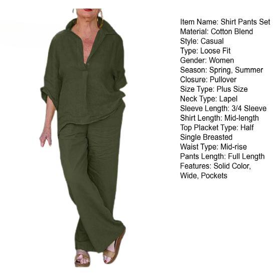 2Pcs/Set Classic 3/4 Sleeve Anti-pilling Casual Outfit Women Shirt Top Loose Long Pants Set Daily Garment
