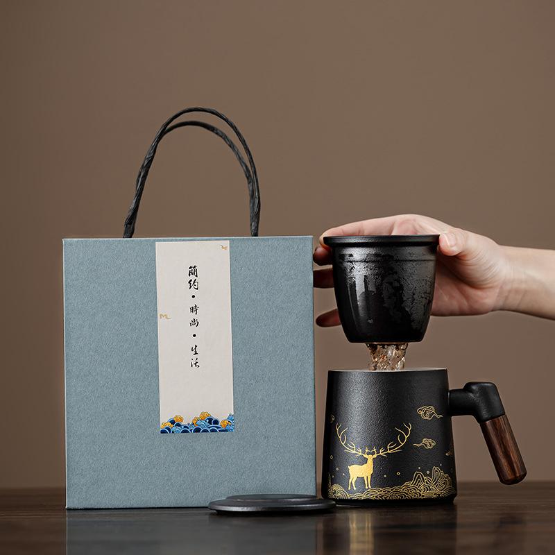 High-end Business Tea Set, National Style, Golden Elk Coarse Pottery Office Cup, Tea Separation Set, Creative Souvenir