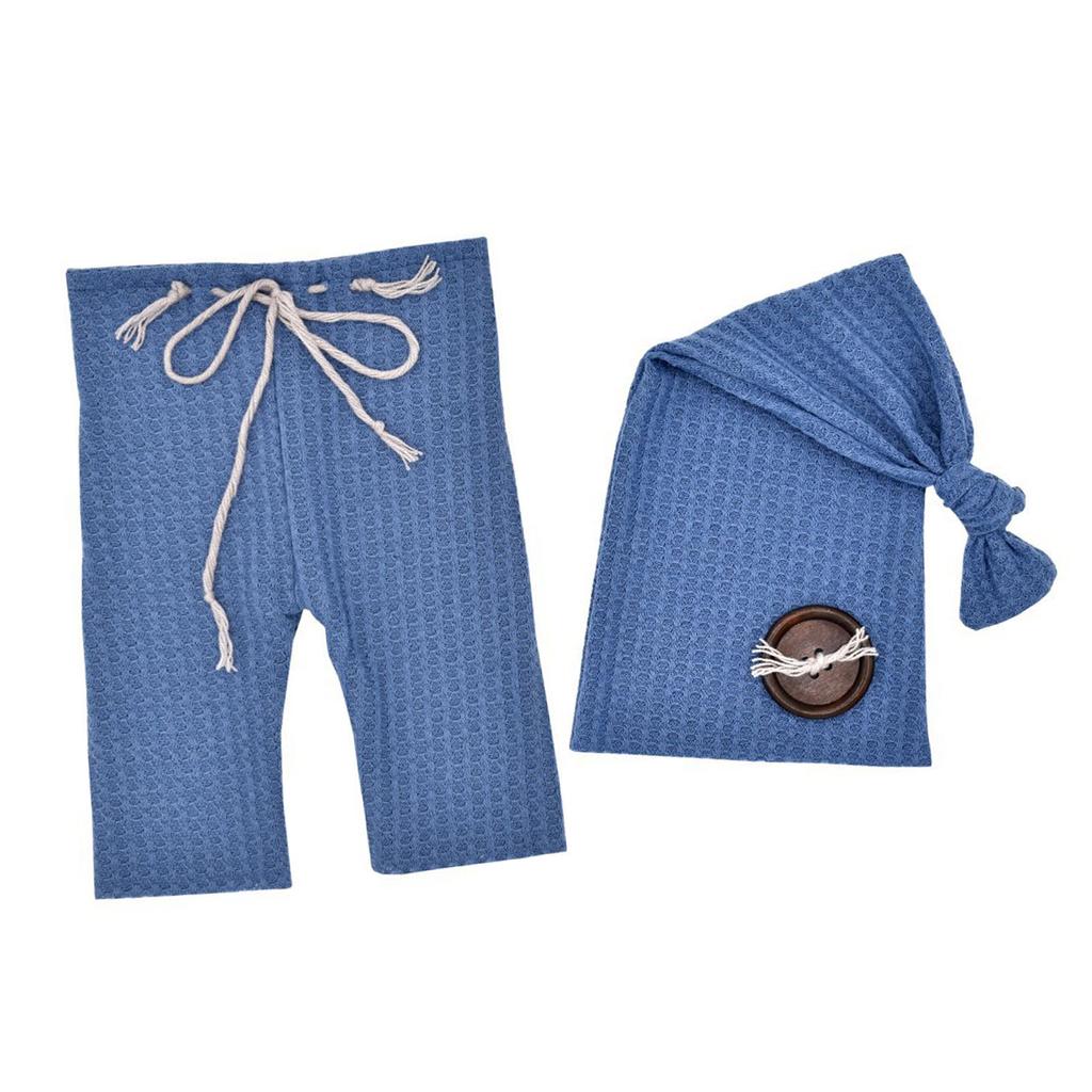 NewBorn Photo Outfit Blue Clothes Pants Tailed Hat Crochet Soft Breathable Wood Button Photo Props for Infant Toddlers
