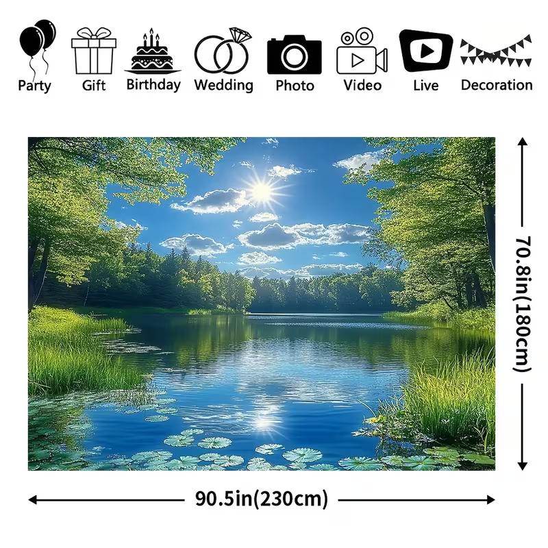 2D Flat Printing Summer Lake Tapestry, Featuring a Sunlit Forest Lake with Lily Pads and Tree Reflections 47.2x31.5inch/120*80cm