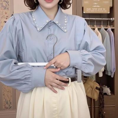 Heavy Beading Polo Collar Loose Casual Shirt Top Spring Autumn New Long-sleeved Women Korean