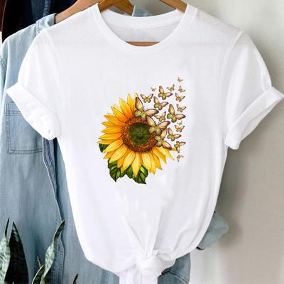 (Ázijská veľkosť) Ženy Tlač Tričko Top Módne tričko Slnečnica Butterfly Trend Roztomilé oblečenie Ležérne Dámske tričko s krátkym rukávom Dámske grafické tričko