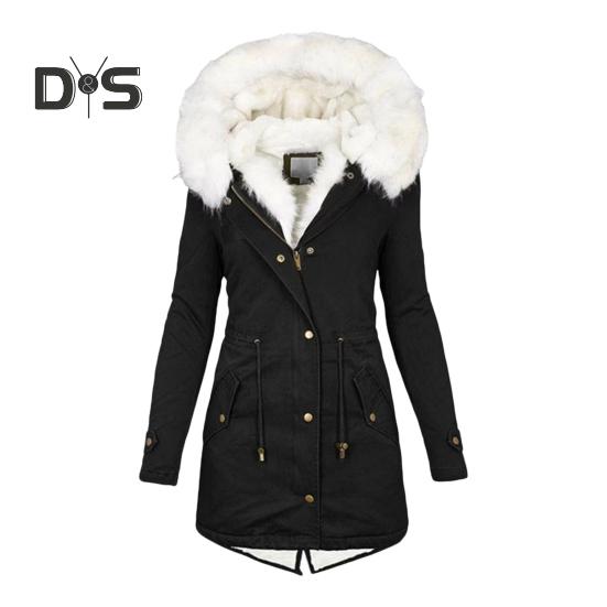

Женское зимнее хлопковое пальто больших размеров с капюшоном из искусственного меха, флисовой подкладкой, застежкой на молнию и кнопками, ветрозащитная куртка средней длины, облегающая верхняя одежда XXXL чёрный