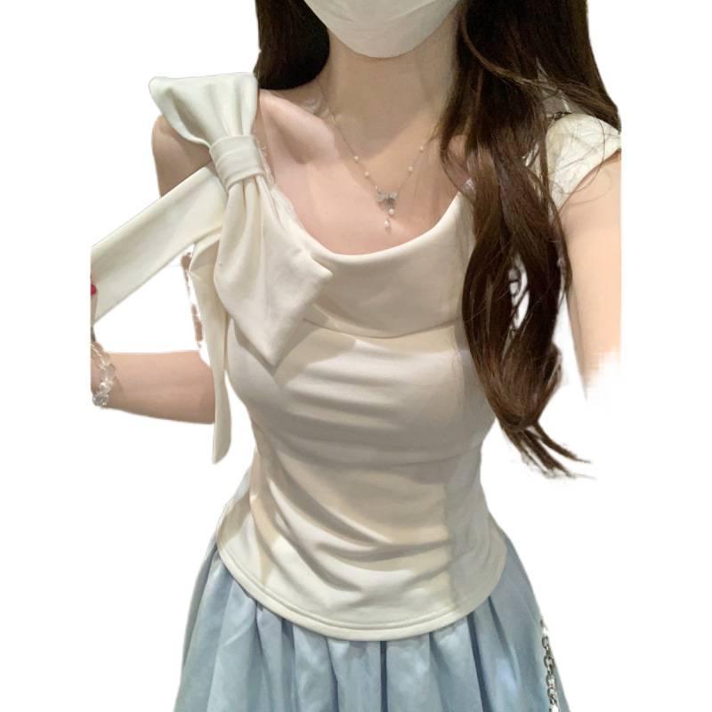 Korean Style Women's Ruffle Off-Shoulder Bow Cotton Top