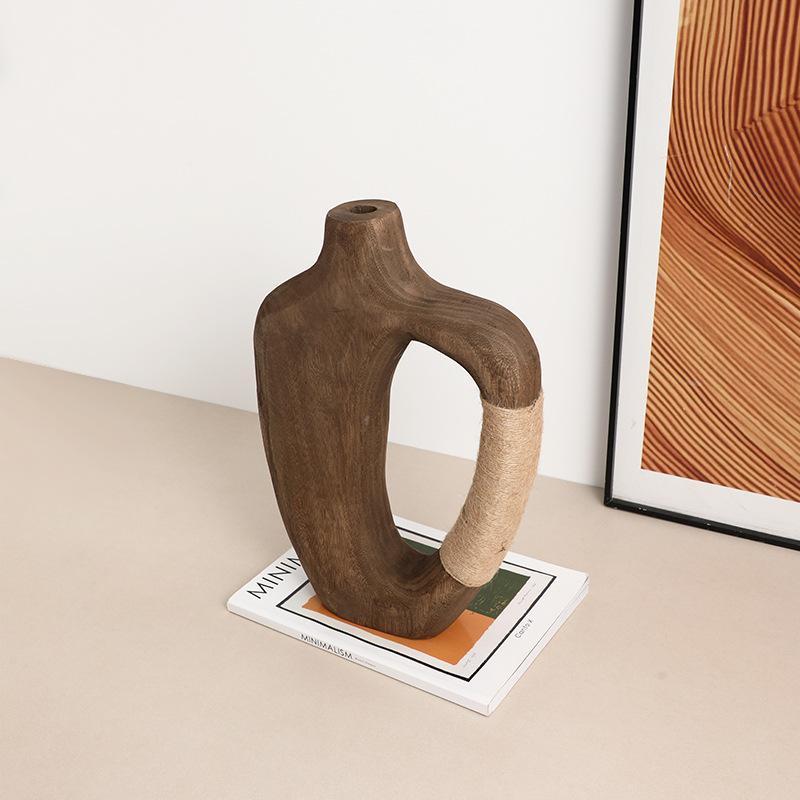 Handmade Wooden Vase Abstract Hollowed-out Natural Wood Flower Vase Flower Arrangement Accessories Hemp Rope Home Decoration