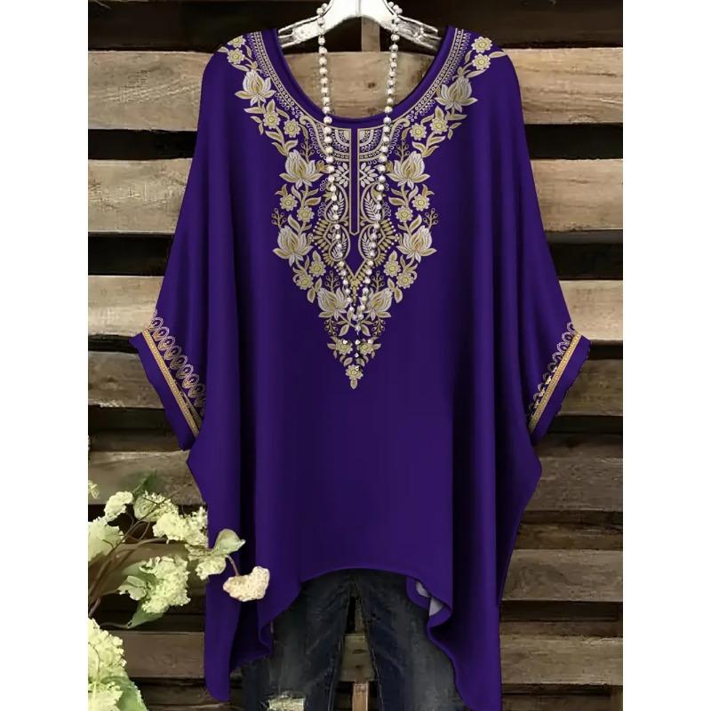 Camisetas Oversize Estilo Bohemio Chic Estampado Étnico Vintage Sencillo Dobladillo Irregular Cuello Redondo Top para Mujer Moda Versátil Ropa de Mujer