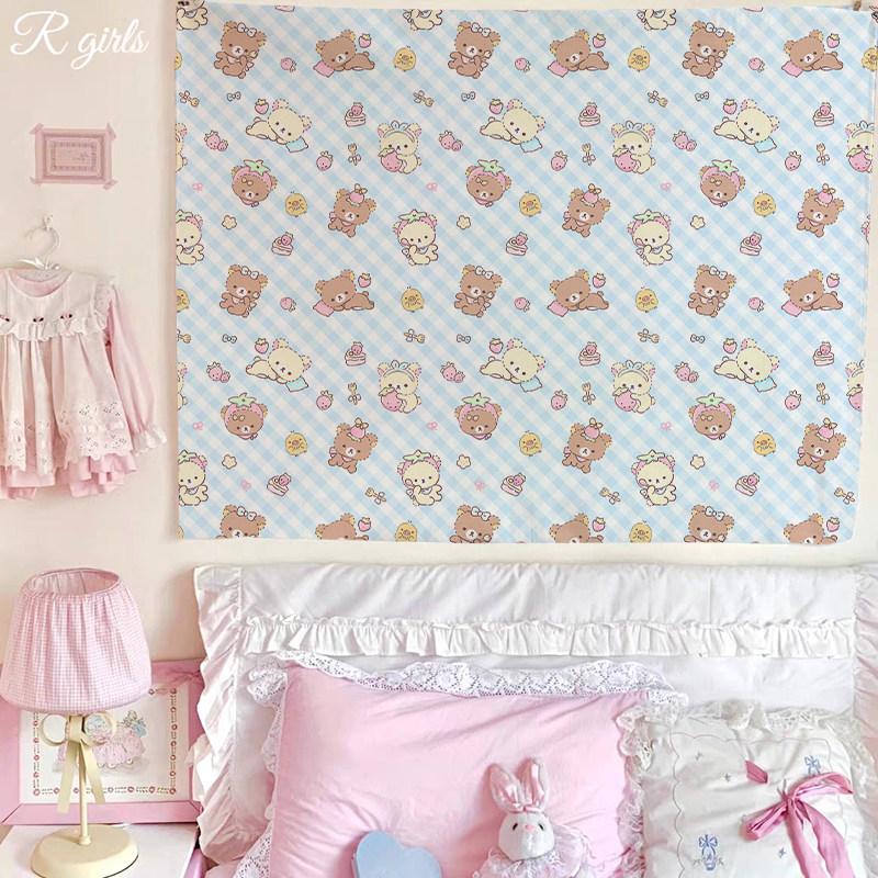 Cute Cartoon Bear Tapestry Pink Striped Wall Hanging for Kawaii Bedroom Decor Background Cloth