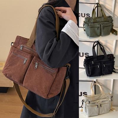 Women Corduroy Tote Bag with Multi Pockets Crossbody Bag Large Capacity Hobo Bag