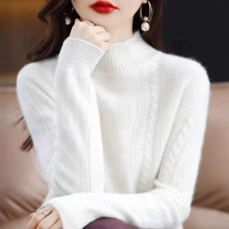 Half Turtleneck Sweater Thickened Knitted Sweater for Women In Autumn and Winter Solid-colored Top and Loose Warm Pullover