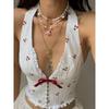 Fairy Princess French Style Girly Style Cherry Small Floral Bows Sexy Open Back V-neck Halter Small Slip Top