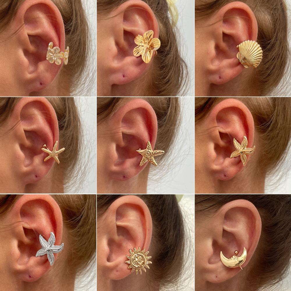 Vacation Fake Piercing Starfish Shell C-shaped Clip Earrings Metal Flower Sun Moon Gold Color Ear Cuff for Women Fashion Jewelry