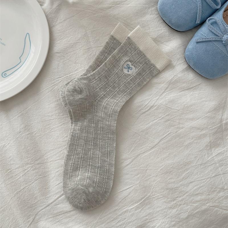 Women's Thin Cotton Love Bow Embroidery Color Collision Mesh Breathable Tube Stack Socks