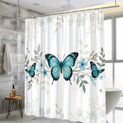 Elegant Butterfly & Floral Shower Curtain - Teal, Black, White On Light Gray, Whimsical Nature Design, Polyester, 12 Hooks