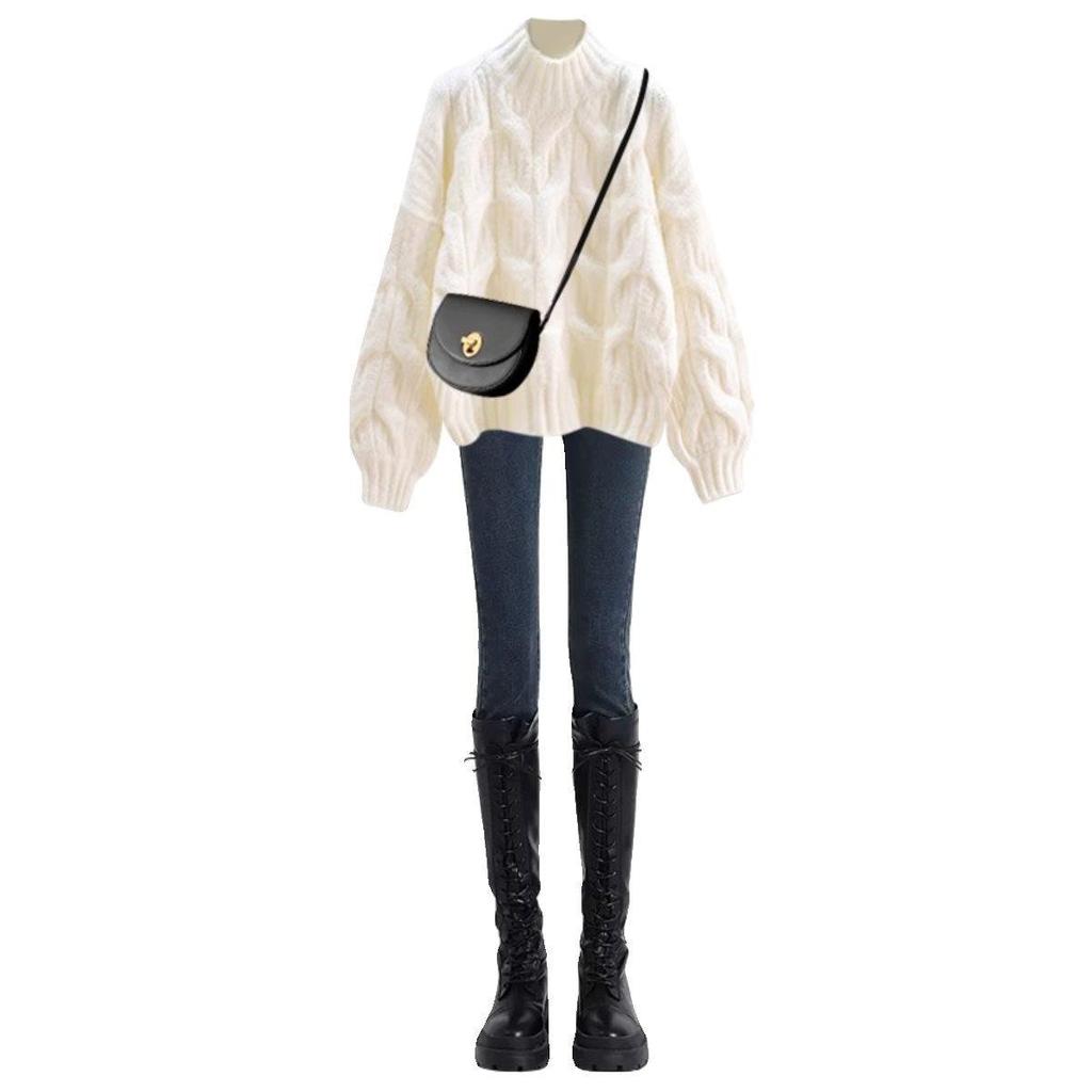 Women's Milky White Fluffy Cable Knit Sweater - Soft, Loose-Fitting, and Gentle for Spring/Summer