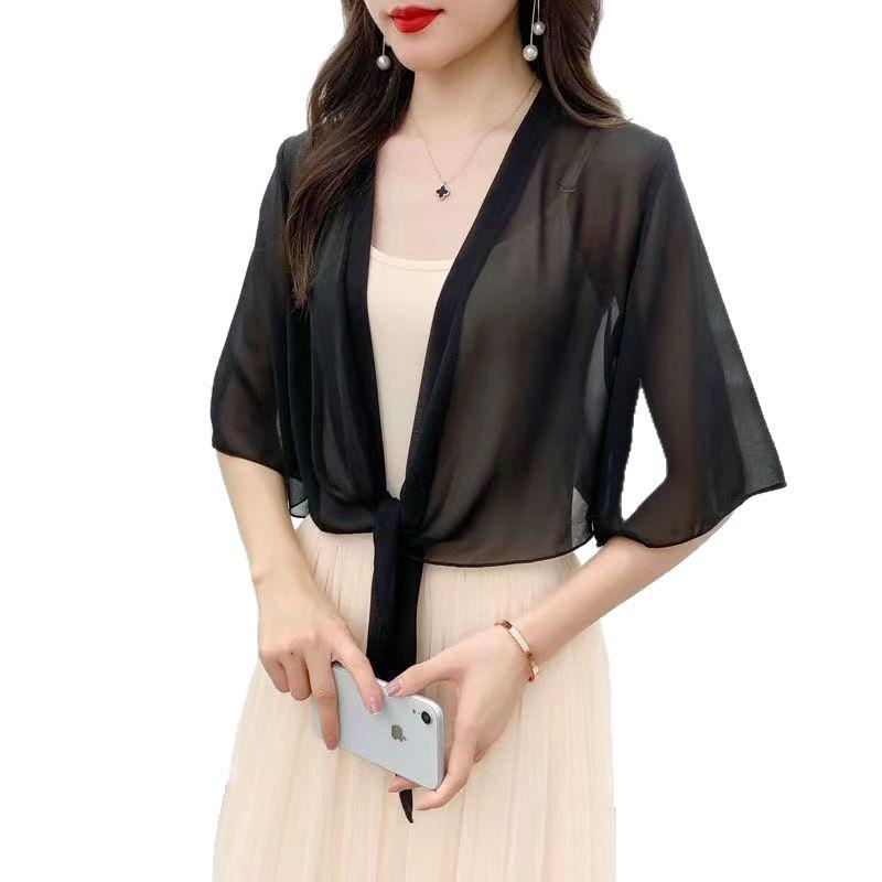 Women's Summer Strappy Dress & Shawl Set with Chiffon Top and Short Cardigan, Lightweight Sun Protection Outerwear