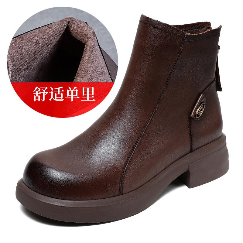 Leather Women's Shoes Autumn and Winter British Style Cowhide Martin Fashion Back Zipper Short Chelsea Single