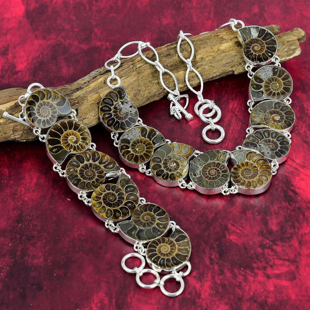 Ammonit Fossil Edelstein Schmuckset 925 Sterling Silber, handgemachtes tolles Armband & Halskette Schmuckset für Sie