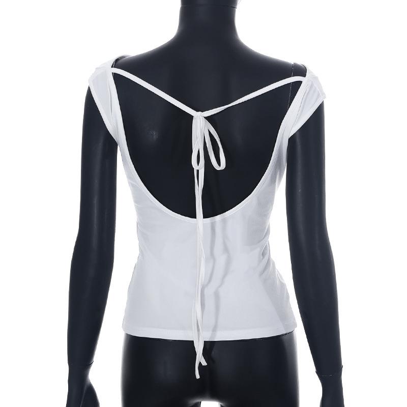 Women's Summer Solid Colour Swing Neck Sleeveless One Shoulder Backless Tie Sexy T-Shirt