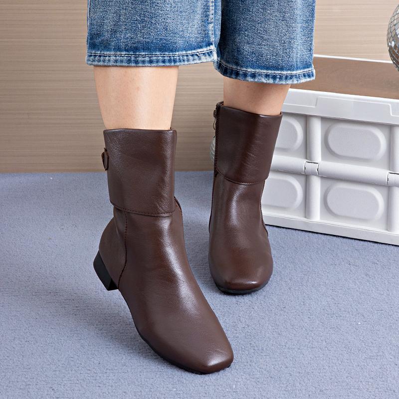 Women'S High-End Denim Ankle Boots-Low Heel, Soft Leather, Fleece-Lined, Reversible, Retro&Stylish, Flat Heel, Versatile Design