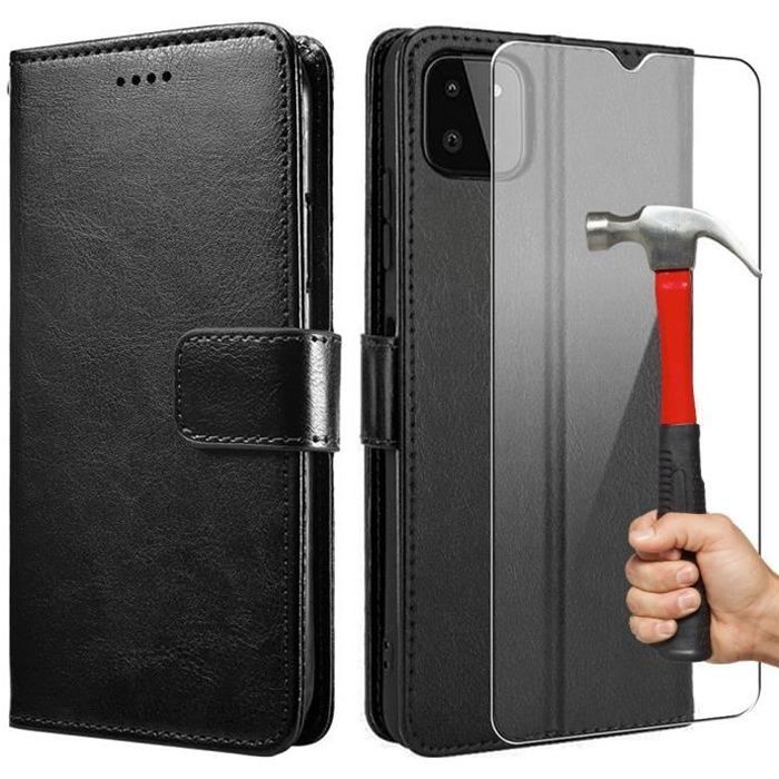 Coque + Verre Trempé Pour Samsung A22 5G (6,6"), Coque Effet Cuir Design Elégant Fermeture Magnétique Solide - Noir