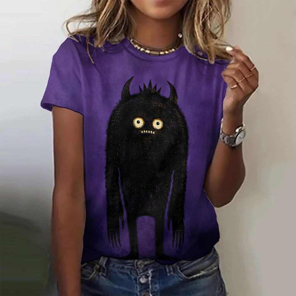 Summer Round Neck Loose Top 3d Printed Cartoon Pattern T-Shirt Fashionable Street Casual Women's White T-Shirt2024