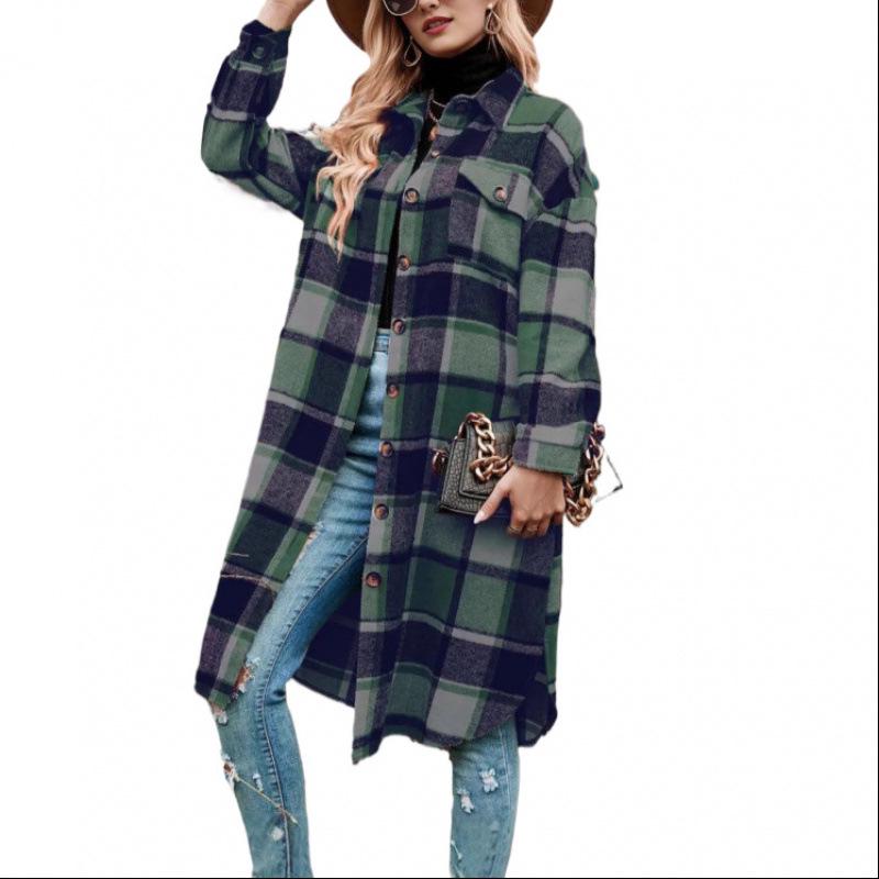 Women's Mid-Length Plaid Long Sleeve Loose Woolen Coat for Autumn/Winter, Plus Size