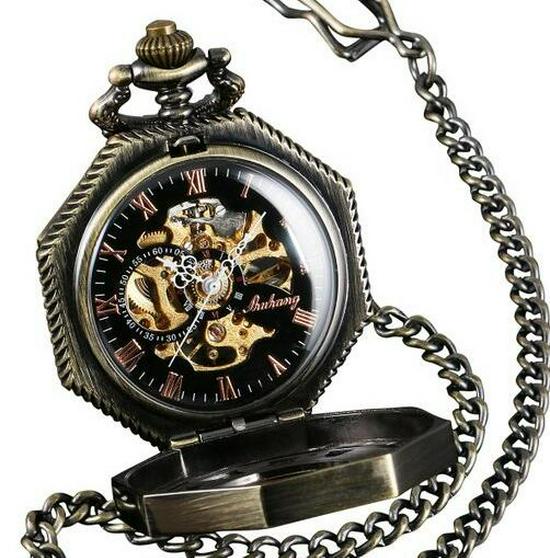 

Men s Bronze Octagonal Retro Mechanical Pocket Watch with Flip Cover