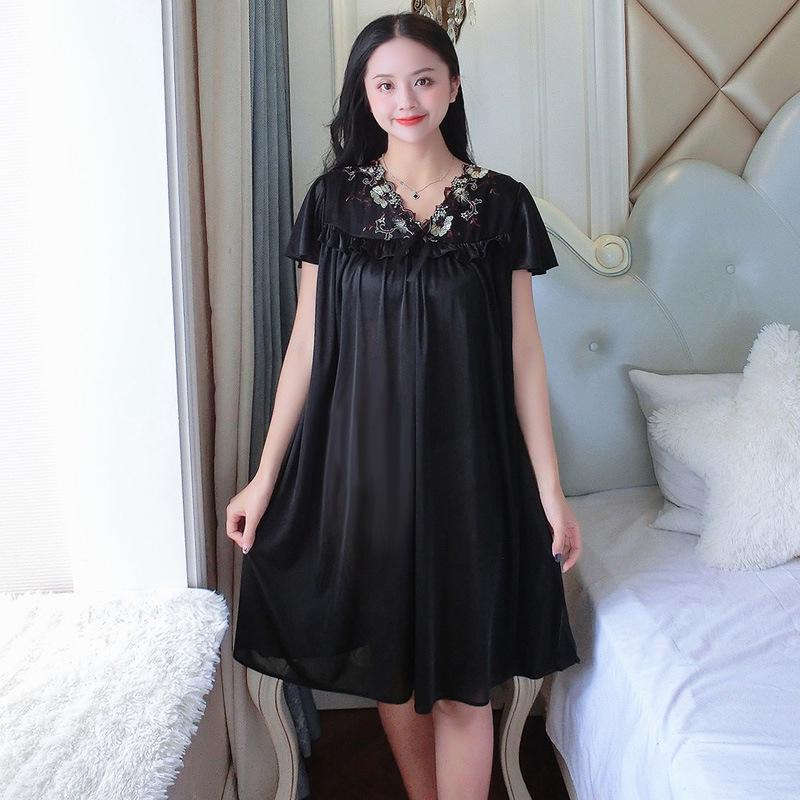 Plus Size Ice Silk Lace Nightgown - Women's Short Sleeve Summer Lingerie with Swing Skirt
