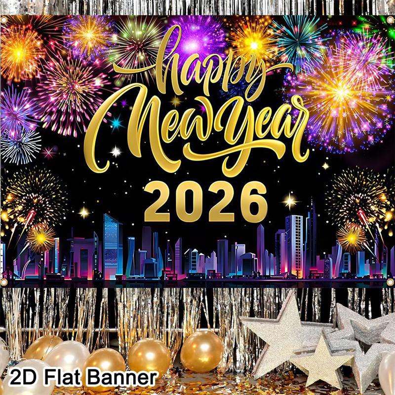 2026 Happy New Year Backdrop Banner Fireworks Black Gold New Year Celebrations Christmas Party Photo Background Decoration Gifts