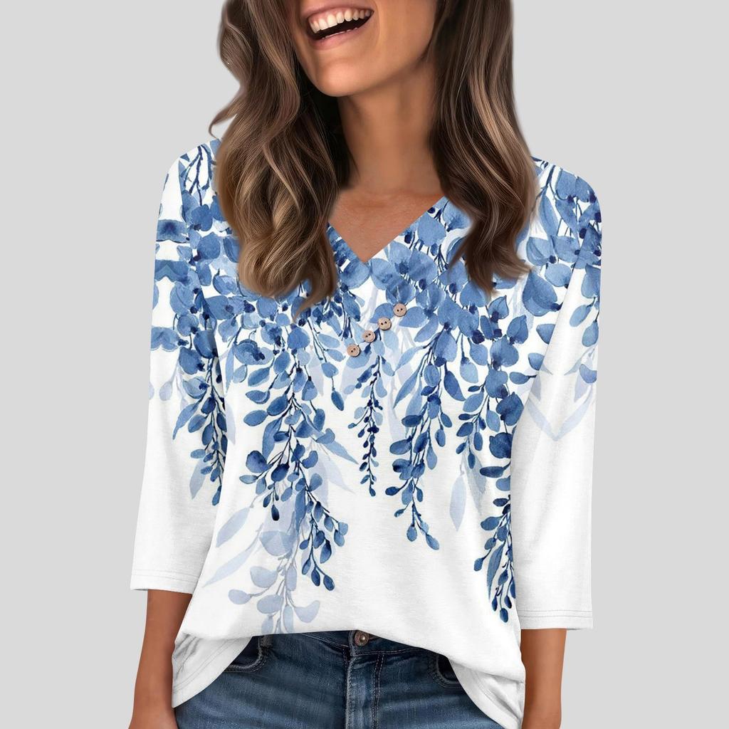 Women's T Shirt Tee Button  3/4 Sleeve Tunic Daily Weekend Fashion Basic V- Neck Regular Top