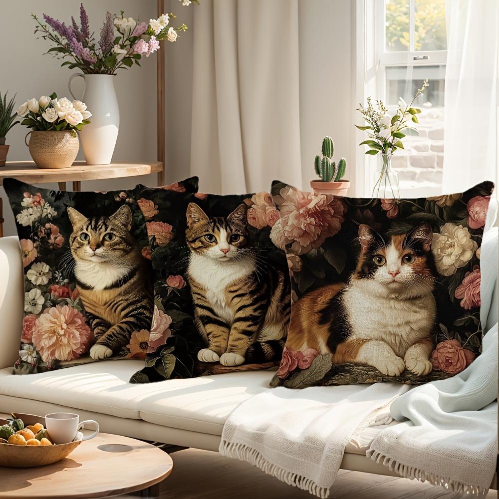 Elegant Cat - Floral Pillow CoversLiving Room Sofa Cushion Cover, Soft and Comfortable, Bedroom Room Decoration