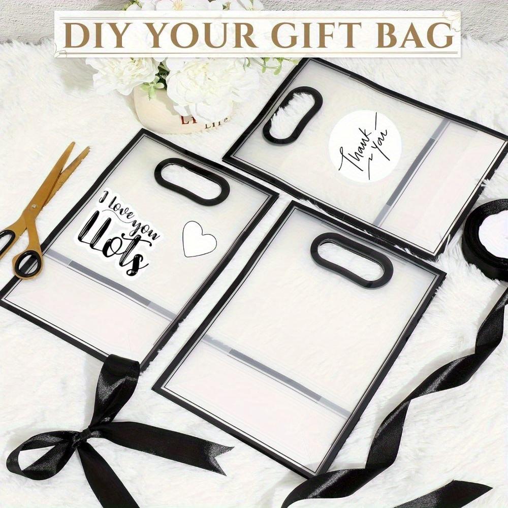 8pcs Transparent Gift Bags with Die-Cut Handles Reusable PVC Plastic Bags with Black Ribbon for Weddings Birthdays Graduations Gifts Self-tying Ribbon