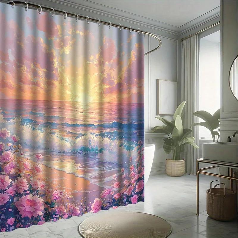 Fantasy Beauty Shower Curtain Set - Beach Waves & Flowers, White Clouds & Sunrise, Polyester Fabric,  Modern Bathroom Decor