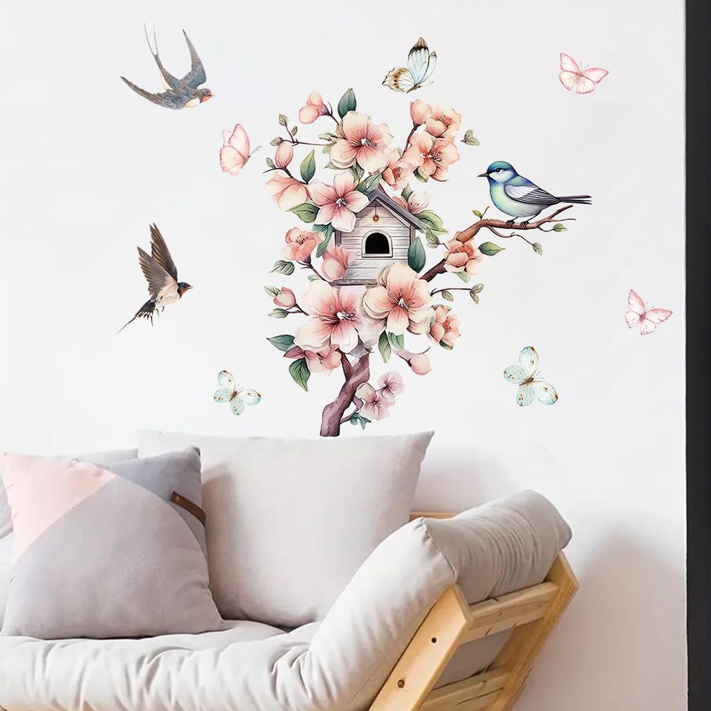Cartoon Peach Blossom Branch Bird Swallow Wall Stickers, Self-Adhesive Decor for Living Room Room Background Wall Decoration