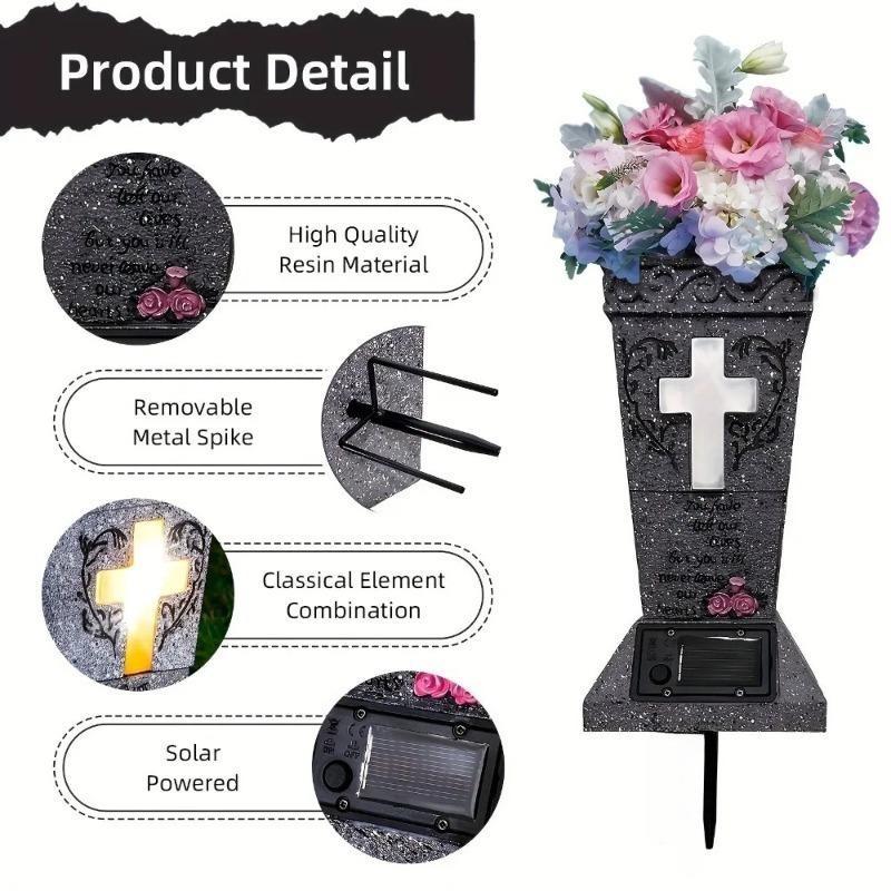 Waterproof Solar Light Cross Grave Vase, Solar Powered Weatherproof Cemetery Flower Holder for Pet & Human Headstones