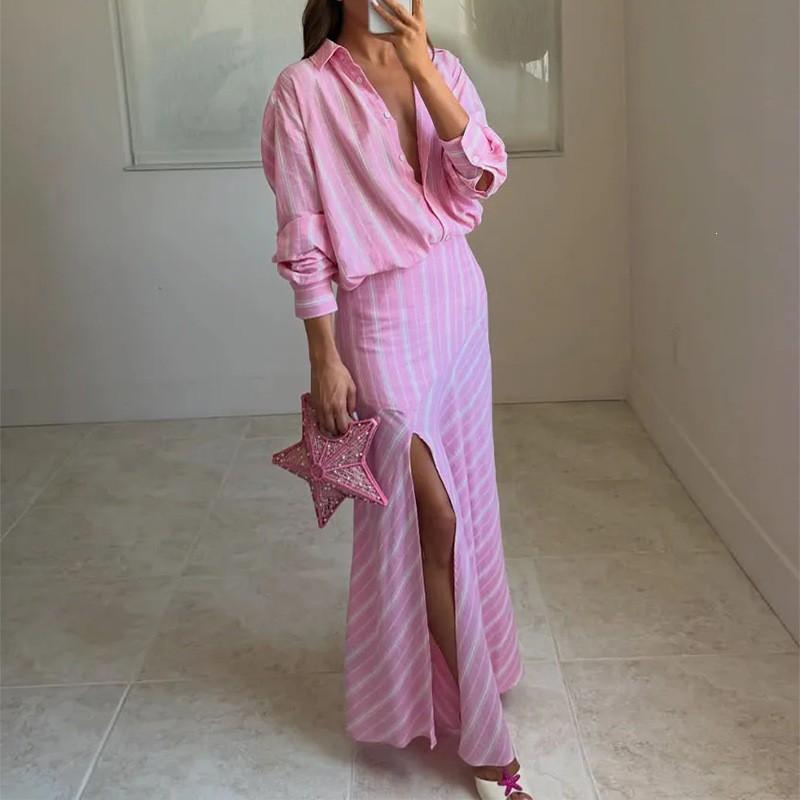 2026 Womens Elegant Striped Collar Shirt Split Hem Maxi Skirt Set - Lightweight Comfortable Office Casual Ensemble