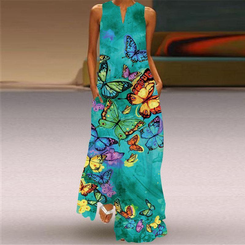 New Chinese Style Printed V-neck Multi-Color Sexy Sleeveless Dress