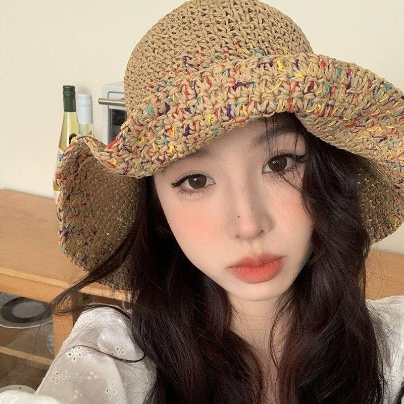 100.00kg Plus Size Women's Big Brim Grass Bows Hand-Woven Seaside Beach Hat Sun-Proof Face Cover Sun-Shade Straw Hat