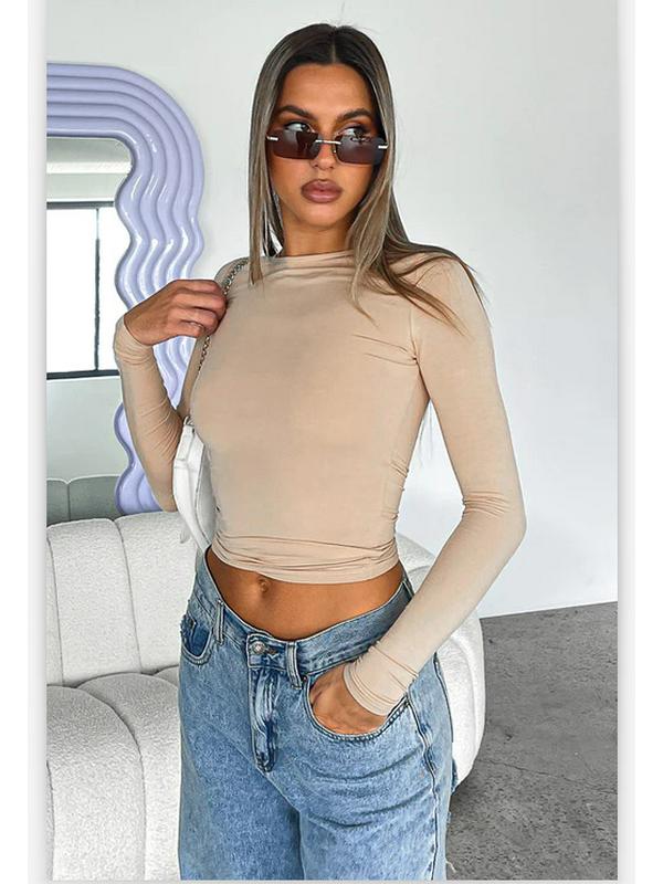 2023 Women's Autumn Slim Fit Irregular Long Sleeve T-Shirt - Solid Color, Round Neck