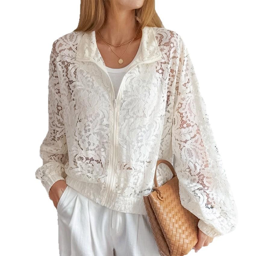 French Retro Perspective Lace Splicing Jacket European and American Foreign Trade Lapel Hollow Sunscreen Cardigan Lantern Long Sleeve Outer