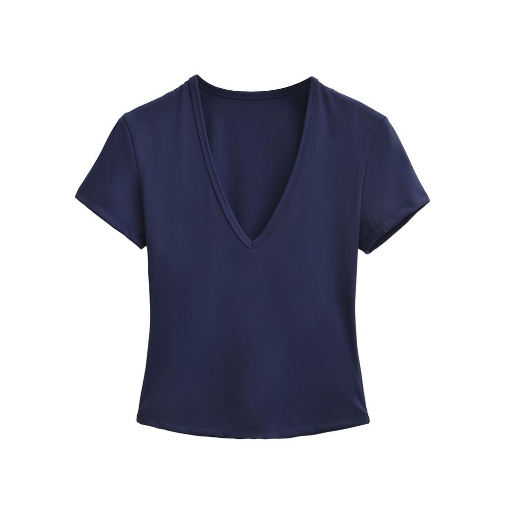 Deep V-neck Short-sleeved T-shirt Women's Summer New American Spice Girl Solid Color Slim-fitting and Thin Bottoming Shirt Sports Top