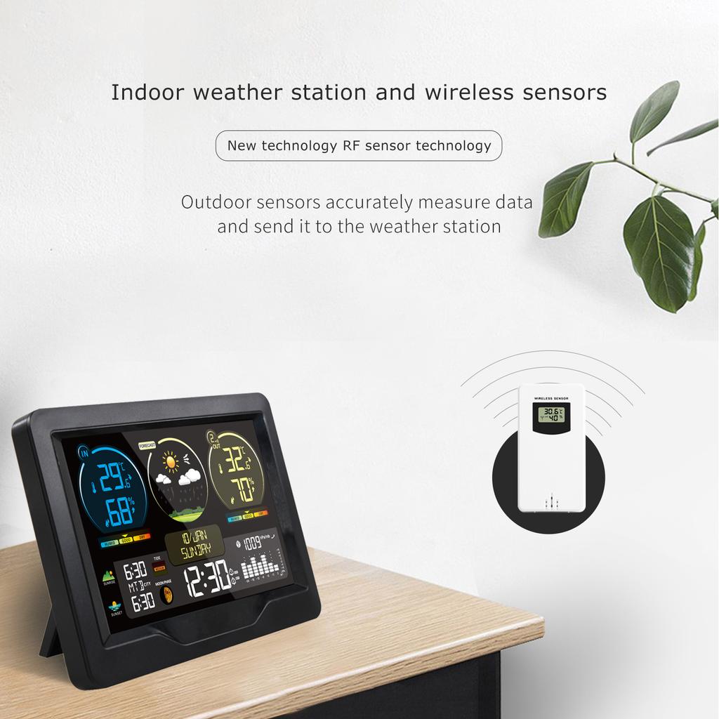 FJ3383M Smart Weather Station with Clock Indoor and Outdoor Temperature & Humidity Meter Multifunctional Large Color