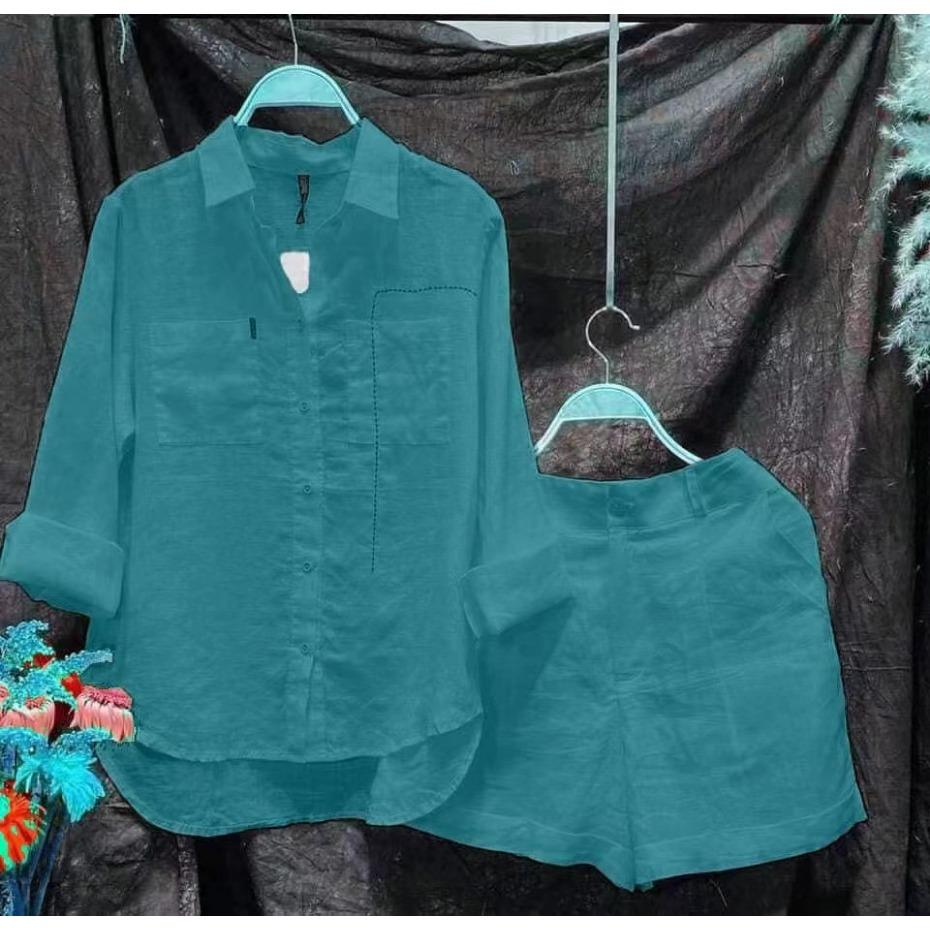 

GMXIA Летний однотонный кардиганный комплект для женщин, Повседневный костюм-двойка с длинными рукавами и шортами XXXXL небесно-голубой