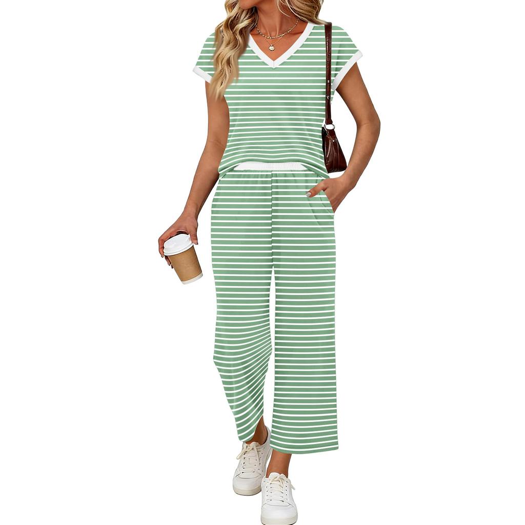 Completo da Donna Due Pezzi Casual Loungewear Top Scollo a V Manica Corta con Pantaloni a Gamba Larga a Righe Vestibilità Rilassata Tessuto Morbido per Viaggio e Casa